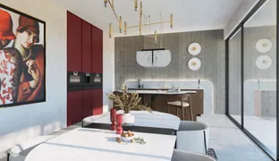 Burgundowy. Projekt salonu z aneksem kuchennym