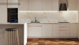 Atmospheric and intriguing interior of a living room with a kitchen