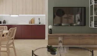 Owoc granatu - salon z kuchnią w kolorach natury