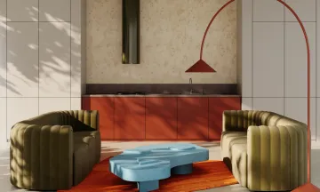 Nowoczesna otwarta kuchnia jednorzędowa z salonem w nastroju Eklektyzm Miejski od Woodeco. Połączenie nowoczesności i retro tworzy unikalny charakter wnętrza.