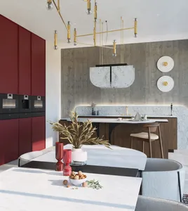 zdjęcie z realizacji Burgundowy. Projekt salonu z aneksem kuchennym