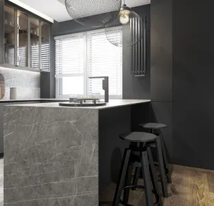 Stone elegance and austerity of form, wrapped in dark tones