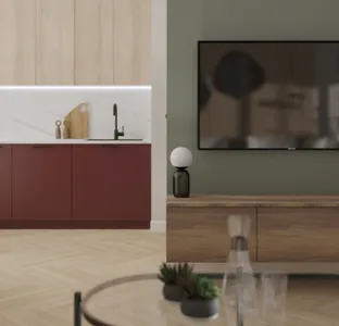 Pomegranate fruit - living room with kitchen in the colours of nature