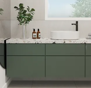 Bathroom accented with greenery